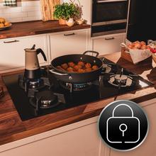 Bolero Squad GN 5200S Glass Black Placa de gas, 5 fuegos, preparada para instalación a GAS NATURAL acabado en cristal negro, parrillas individuales de hierro fundido, potencia de 11kW, quemador WOK triple corona, encendido eléctrico, sistema de seguridad de las válvulas, para gas natural y accesorio para la conversión de gas incluído.