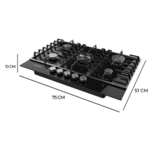 Bolero Squad GN 5200F Glass Black Placa de gas, 5 fuegos, preparada para instalación a GAS NATURAL acabado en cristal negro, parrillas completas de hierro fundido, potencia de 11kW, quemador WOK triple corona, encendido eléctrico, sistema de seguridad de las válvulas, para gas natural y accesorio para la conversión de gas incluído.