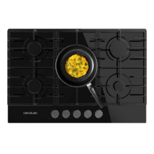 Bolero Squad GN 5200F Glass Black Placa de gas, 5 fuegos, preparada para instalación a GAS NATURAL acabado en cristal negro, parrillas completas de hierro fundido, potencia de 11kW, quemador WOK triple corona, encendido eléctrico, sistema de seguridad de las válvulas, para gas natural y accesorio para la conversión de gas incluído.