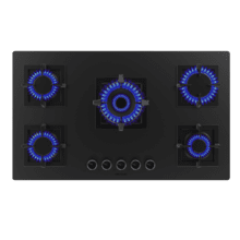 Bolero Squad GN 5800S Eternal Nano Glass Placa de gas, 5 fuegos, preparada para instalación a GAS NATURAL acabado en cristal negro mate, parrillas individuales de hierro fundido, potencia de 13,1kW, quemador eternal con soporte WOK, encendido eléctrico, sistema de seguridad de las válvulas, para gas natural y accesorios para la conversión de gas incluído.