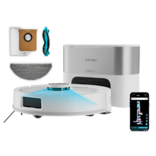 Conga Y60 Pearl Robot aspirador con base de autovaciado del polvo con Navegación láser. 13000 Pa de succión del motor. Autonomía de hasta 200 minutos en modo Eco. Cepillo multifunción apto para todo tipo de superficies. Bolsa de polvo de 3 L. Compatible con Bluetooth y WiFi para redes 2,4 GHz.