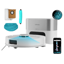 Conga Y80 Pearl Robot aspirador con base de autovaciado del polvo con Navegación láser. 25000 Pa de succión del motor. Autonomía de hasta 240 minutos en modo Eco. Cepillo silicona, ideal para casas con mascotas. Bolsa de polvo de 3 L. Compatible con Bluetooth y WiFi para redes 2,4 GHz.