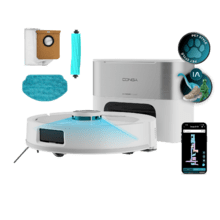 Conga Y90 Pearl Robot aspirador con base de autovaciado con Inteligencia Artificial y navegación láser. 25000 Pa de succión del motor. Autonomía de hasta 240 minutos en modo Eco. Cepillo silicona, ideal para casas con mascotas. Bolsa de polvo de 3 L. Compatible con Bluetooth y WiFi para redes 2,4 GHz.