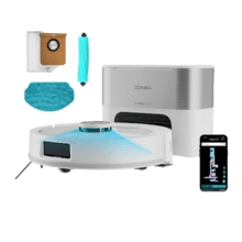 Conga Y90 Pearl Robot aspirador con base de autovaciado con Inteligencia Artificial y navegación láser. 25000 Pa de succión del motor. Autonomía de hasta 240 minutos en modo Eco. Cepillo silicona, ideal para casas con mascotas. Bolsa de polvo de 3 L. Compatible con Bluetooth y WiFi para redes 2,4 GHz.