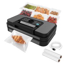 Sigillatrice sottovuoto Sealvac Roll&Cut 950. Vuoto a 95 kPa. 125 W. Doppia sigillatura fino a 30 cm (sacchetti e rotoli). 3 modalità (asciutto/umido/umido Plus) + 2 impostazioni di pressione (normale/delicata). Portarotolo con taglierina. Vaschetta raccogligocce rimovibile. Funzione di gonfiaggio. Include 2 rotoli (28×300 cm).
