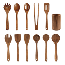 Nature - Ensemble de 12 ustensiles en bois d'acacia avec bouchon
