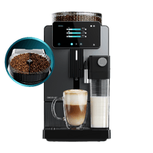 Cremmaet Duelia Cafetera superautomática con doble tolva automática para alternar granos sin mezclar. Sistema de dosificación. 19 bares, Thermoblock y molinillo cónico con 5 niveles. Depósito de agua 1,1 L, leche 400 ml.