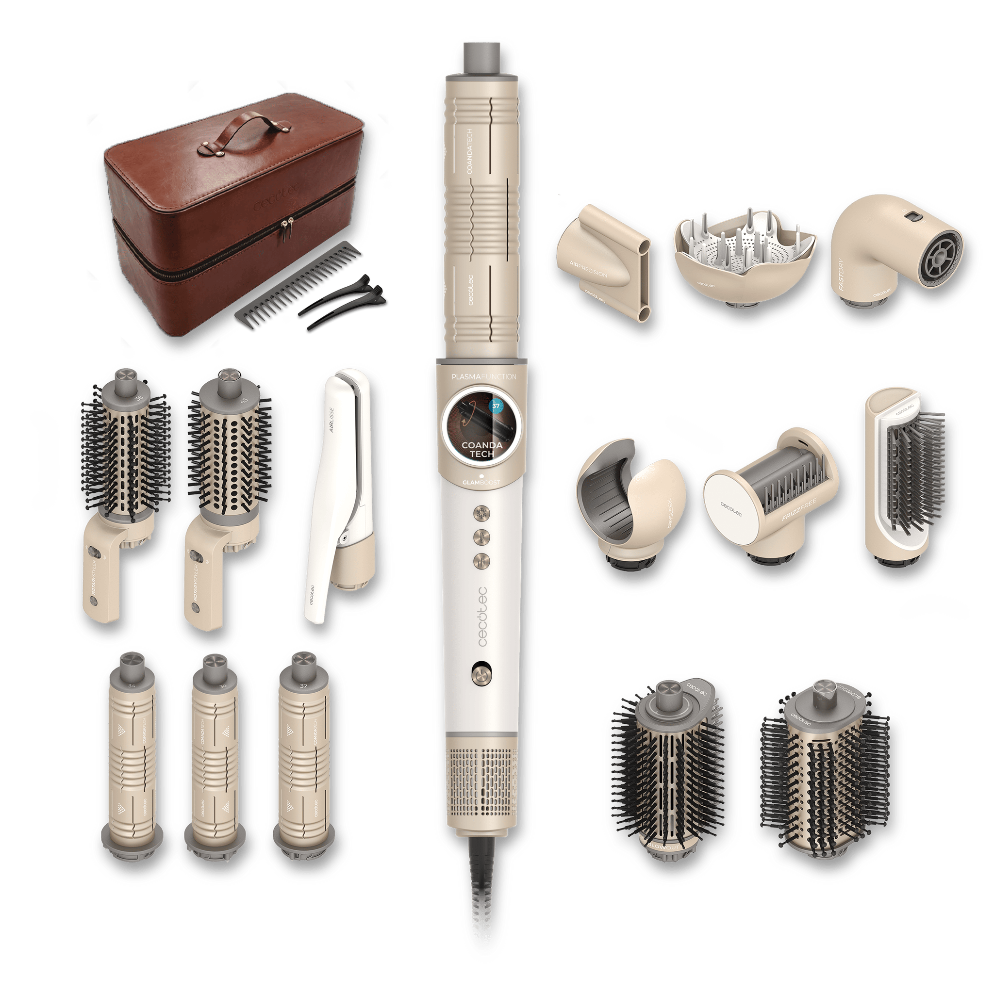 AirGlisse 18in1 Champagne, 110.000 U/min, 1400 W, Plasmafunktion, 18 Aufsätze, Heizplatten, Drehfunktion, Brushless-Motor, Lederetui.