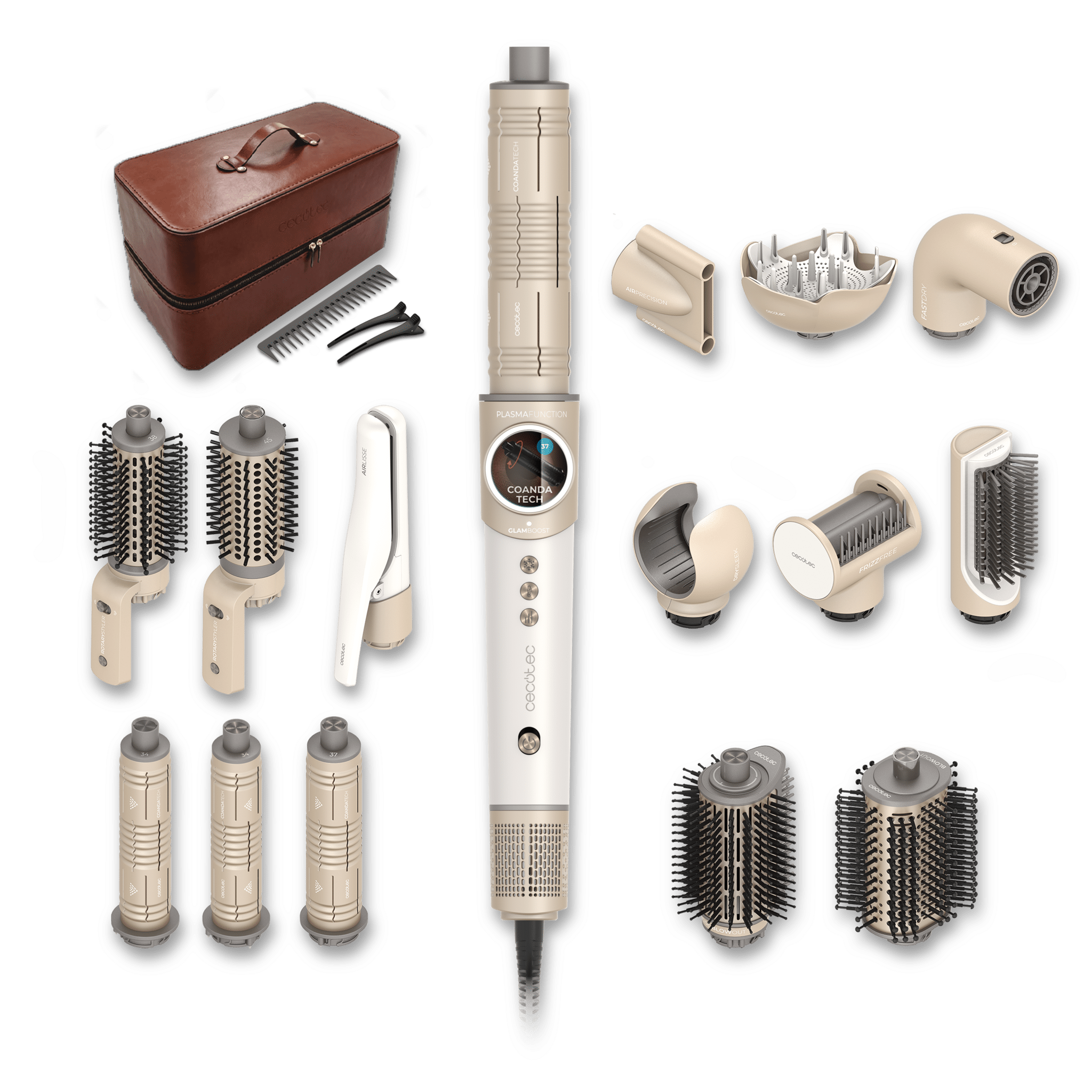AirGlisse 18in1 Champagne, 110.000 giri/min, 1400 W, funzione plasma, 18 accessori, piastre riscaldanti, funzione rotante, motore brushless, custodia in pelle, pettine e clip inclusi