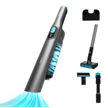 Aspirador de pó portátil 2100 Twice com motor digital sem escovas de 210 W e 20 kPa de poder de sucção. Até 40 minutos de autonomia. Dois modos de potência. Inclui um acessório 2 em 1, bocal para estofados e base de armazenamento. Inclui também um acessório para aspirador vertical.