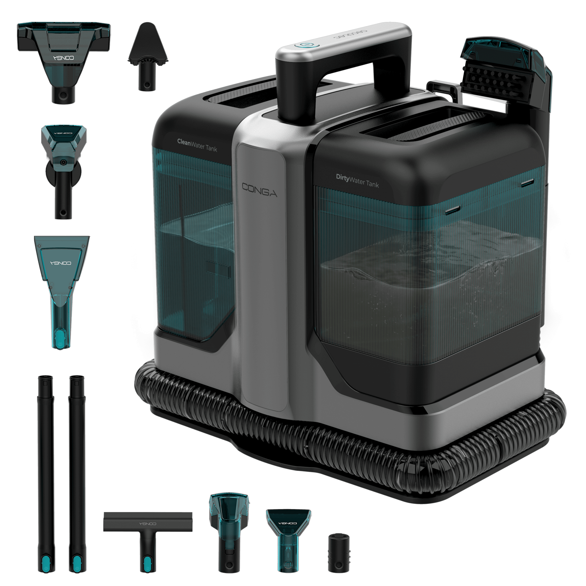 Conga Carpet&Spot Clean 7500 EliteAspirapolvere per tappezzeria con potenza di 750 W e aspirazione fino a 17 kPa. È dotato di serbatoi da 1600 ml (acqua pulita) e 750 ml (acqua sporca), ha un design compatto e include un kit di 6 accessori
