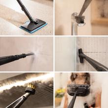 Conga Carpet&Spot Clean 15000 Steam Elite. Limpiatapicerías 3 en 1 con función vapor que pulveriza, aspira y limpia en una pasada. Incorpora motor de 600 W, caldera de 1200 W y vapor a ≥60 ºC para una limpieza más profunda. Cuenta con succión de hasta 12 kPa, depósitos de 1600 ml (agua limpia) y 1500 ml (agua sucia). Incluye 16 accesorios para tapicerías, manchas y limpieza con vapor en múltiples superficies.