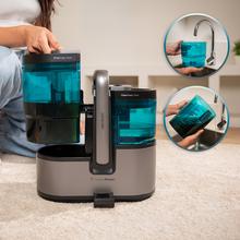 Conga Carpet&Spot Clean 15000 Steam Elite. Limpiatapicerías 3 en 1 con función vapor que pulveriza, aspira y limpia en una pasada. Incorpora motor de 600 W, caldera de 1200 W y vapor a ≥60 ºC para una limpieza más profunda. Cuenta con succión de hasta 12 kPa, depósitos de 1600 ml (agua limpia) y 1500 ml (agua sucia). Incluye 16 accesorios para tapicerías, manchas y limpieza con vapor en múltiples superficies.