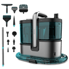Conga Carpet&Spot Clean 15000 Steam Elite. Limpiatapicerías 3 en 1 con función vapor que pulveriza, aspira y limpia en una pasada. Incorpora motor de 600 W, caldera de 1200 W y vapor a ≥60 ºC para una limpieza más profunda. Cuenta con succión de hasta 12 kPa, depósitos de 1600 ml (agua limpia) y 1500 ml (agua sucia). Incluye 16 accesorios para tapicerías, manchas y limpieza con vapor en múltiples superficies.