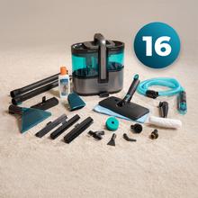 Conga Carpet&Spot Clean 15000 Steam Elite. Limpiatapicerías 3 en 1 con función vapor que pulveriza, aspira y limpia en una pasada. Incorpora motor de 600 W, caldera de 1200 W y vapor a ≥60 ºC para una limpieza más profunda. Cuenta con succión de hasta 12 kPa, depósitos de 1600 ml (agua limpia) y 1500 ml (agua sucia). Incluye 16 accesorios para tapicerías, manchas y limpieza con vapor en múltiples superficies.