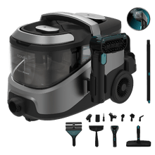 Conga CarpetClean 40000 Steam Advance Limpiatapicerías multiusos con vapor y agua caliente para una limpieza profunda en todo tipo de superficies. 2100 W de potencia y hasta 20 kPa de succión. 14 accesorios para una limpieza completa. Dispone de depósitos de gran capacidad y diseño ergonómico para un uso cómodo y eficiente.