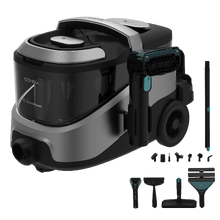 Conga CarpetClean 40000 Steam Advance Limpiatapicerías multiusos con vapor y agua caliente para una limpieza profunda en todo tipo de superficies. 2100 W de potencia y hasta 20 kPa de succión. 14 accesorios para una limpieza completa. Dispone de depósitos de gran capacidad y diseño ergonómico para un uso cómodo y eficiente.