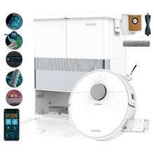 Conga R400. Robot aspirador y friegasuelos con rodillo elevable y extensible. 25000 Pa. Sensores detección avanzada de obstáculos. Limpieza en la base automática con agua y secado con aire caliente. Cepillo lateral extensible para cubrir todas las esquinas. Cepillo antienredos HairCut. 240 minutos de autonomía.