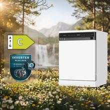 Bolero Aguazero 6550 Lavavajillas de libre instalación de 60CM blanco con 16 servicios, clase C, Motor Inverter Plus Duo, Control Touch Control Panel, 12 programas, secado autoapertura O2Dry, Super Dry, Extra Hygiene, Filtro ABT, Save+, Half Load, Silent Wash, AutoClean, con bandeja superior ajustable con carga y bandeja para cubiertos.