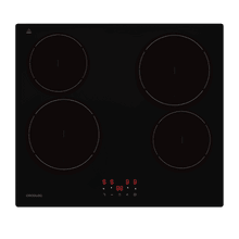 Bolero Squad V 4002. Plaque de cuisson vitrocéramique à 4 zones + zone flexible, puissance totale de 6000 W, commandes tactiles, 9 niveaux de puissance, minuterie, maintien au chaud, sécurité enfants, détecteur de casseroles et indicateur de chaleur résiduelle.