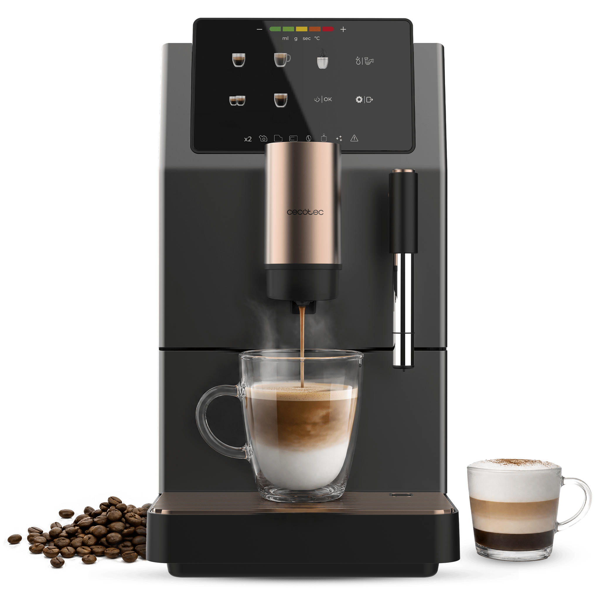 A máquina de café Cremmaet Stretta Steam Superautomática oferece 19 bars de pressão, 1500W de potência e moedor integrado. Prepara espresso, americano, lungo e espresso duplo com um único toque e inclui um vaporizador de leite para cappuccinos e lattes. Design compacto com tela sensível ao toque em LED, limpeza automática e fácil manutenção.