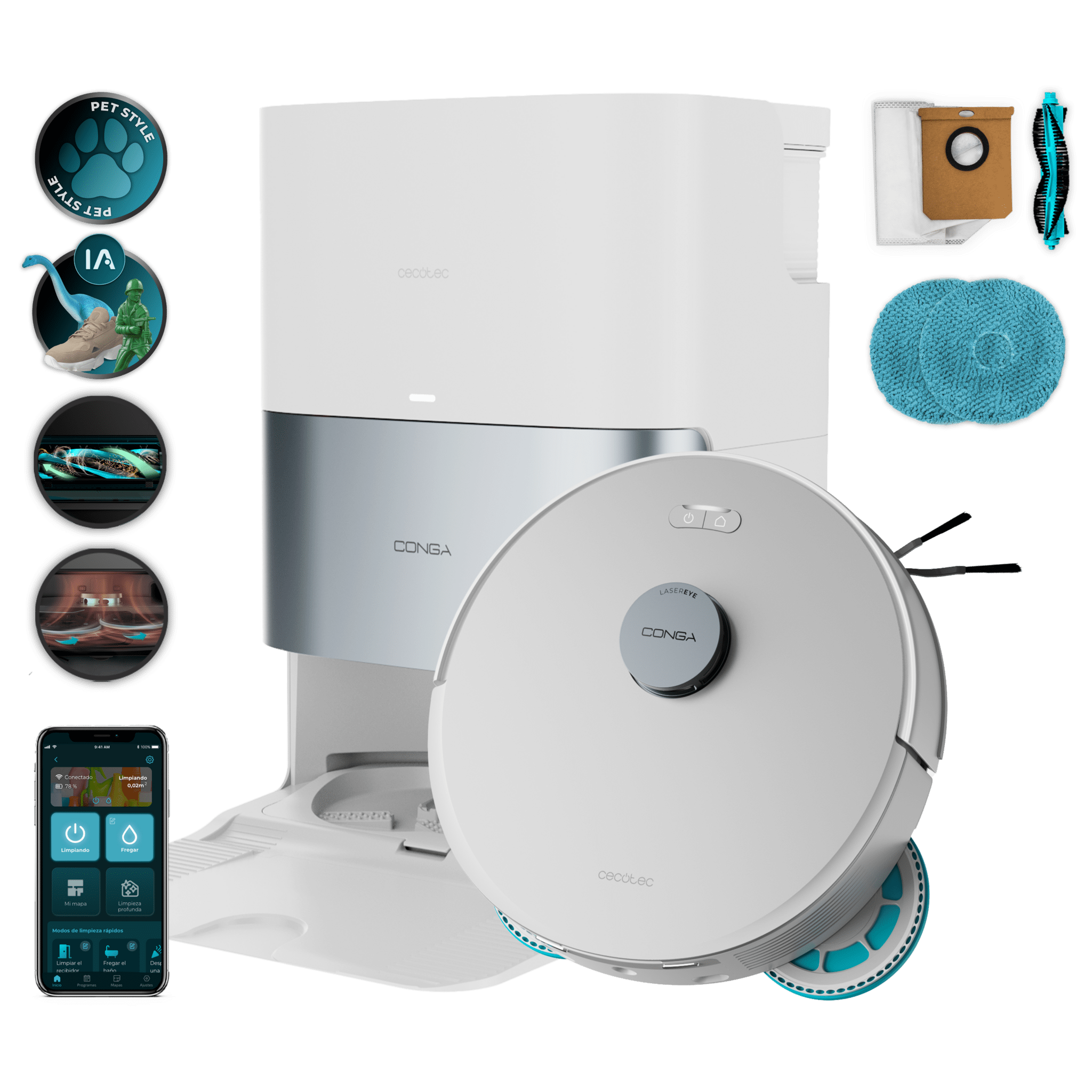 Conga Q200. Robot aspirador y friegasuelos con mopas giratorias elevables. Mopa derecha extensible 55 mm. 25000 Pa y detección avanzada de obstáculos. Limpieza en la base automática con secado con aire caliente. Sistema de cobertura del 100% de esquinas. Cepillo antienredos Hairless. 280 minutos de autonomía.