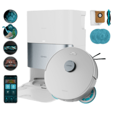 Conga Q200. Robot aspirador y friegasuelos con mopas giratorias elevables. Mopa derecha extensible 55 mm. 25000 Pa y detección avanzada de obstáculos. Limpieza en la base automática con secado con aire caliente. Sistema de cobertura del 100% de esquinas. Cepillo antienredos Hairless. 280 minutos de autonomía.