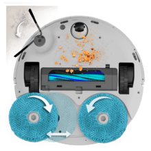 Conga Q200. Robot aspirador y friegasuelos con mopas giratorias elevables. Mopa derecha extensible 55 mm. 25000 Pa y detección avanzada de obstáculos. Limpieza en la base automática con secado con aire caliente. Sistema de cobertura del 100% de esquinas. Cepillo antienredos Hairless. 280 minutos de autonomía.