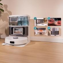 Conga Q200. Robot aspirateur et laveur de sols avec serpillères rotatives réglables. La serpillère droite s'étend sur 55 mm. Aspiration de 25 000 Pa et détection d'obstacles avancée. Nettoyage automatique de la base avec séchage à air chaud. Couverture à 100 % des coins. Brosse anti-emmêlement sans poils. Autonomie de 280 minutes.