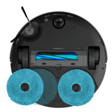 Conga Q300. Robot aspirador y friegasuelos con mopas giratorias elevables. Mopa derecha extensible 55 mm. 25000 Pa y detección avanzada de obstáculos. Limpieza en la base automática con agua caliente, detergente y secado con aire caliente. Sistema de cobertura del 100% de esquinas. Cepillo antienredos Hairless. 280 minutos de autonomía.
