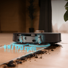 Conga Q300. Robot aspirador y friegasuelos con mopas giratorias elevables. Mopa derecha extensible 55 mm. 25000 Pa y detección avanzada de obstáculos. Limpieza en la base automática con agua caliente, detergente y secado con aire caliente. Sistema de cobertura del 100% de esquinas. Cepillo antienredos Hairless. 280 minutos de autonomía.