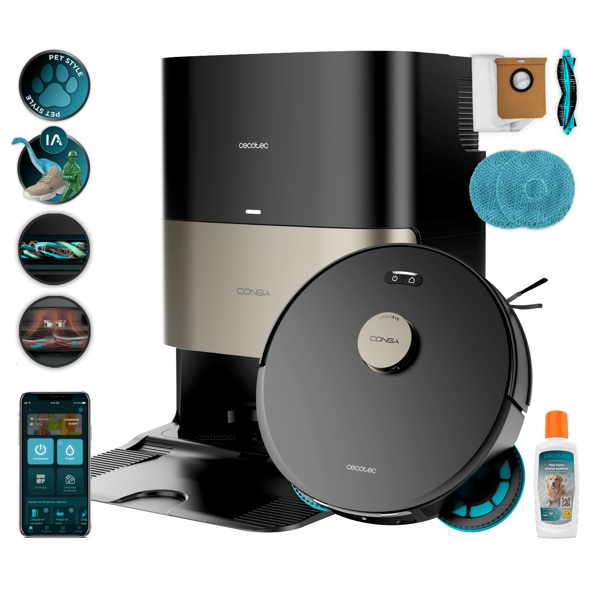 Conga Q300. Robot aspirador y friegasuelos con mopas giratorias elevables. Mopa derecha extensible 55 mm. 25000 Pa y detección avanzada de obstáculos. Limpieza en la base automática con agua caliente, detergente y secado con aire caliente. Sistema de cobertura del 100% de esquinas. Cepillo antienredos Hairless. 280 minutos de autonomía.