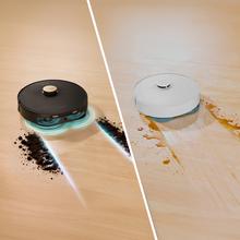 Conga Q300. Robot aspirateur et laveur de sols avec serpillères rotatives réglables. La serpillère droite s'étend sur 55 mm. Aspiration de 25 000 Pa et détection d'obstacles avancée. Nettoyage automatique de la base à l'eau chaude et au détergent, suivi d'un séchage à l'air chaud. Couverture à 100 % des coins. Brosse anti-emmêlement sans poils. Autonomie de 280 minutes.