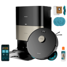 Conga Q300. Robot aspirador y friegasuelos con mopas giratorias elevables. Mopa derecha extensible 55 mm. 25000 Pa y detección avanzada de obstáculos. Limpieza en la base automática con agua caliente, detergente y secado con aire caliente. Sistema de cobertura del 100% de esquinas. Cepillo antienredos Hairless. 280 minutos de autonomía.