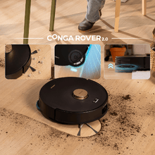 Conga Q300. Robot aspirador y friegasuelos con mopas giratorias elevables. Mopa derecha extensible 55 mm. 25000 Pa y detección avanzada de obstáculos. Limpieza en la base automática con agua caliente, detergente y secado con aire caliente. Sistema de cobertura del 100% de esquinas. Cepillo antienredos Hairless. 280 minutos de autonomía.