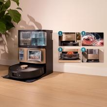 Conga Q300. Robot aspirateur et laveur de sols avec serpillères rotatives réglables. La serpillère droite s'étend sur 55 mm. Aspiration de 25 000 Pa et détection d'obstacles avancée. Nettoyage automatique de la base à l'eau chaude et au détergent, suivi d'un séchage à l'air chaud. Couverture à 100 % des coins. Brosse anti-emmêlement sans poils. Autonomie de 280 minutes.