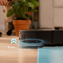 Conga Q300. Robot aspirador y friegasuelos con mopas giratorias elevables. Mopa derecha extensible 55 mm. 25000 Pa y detección avanzada de obstáculos. Limpieza en la base automática con agua caliente, detergente y secado con aire caliente. Sistema de cobertura del 100% de esquinas. Cepillo antienredos Hairless. 280 minutos de autonomía.