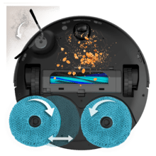 Conga Q300. Robot aspirador y friegasuelos con mopas giratorias elevables. Mopa derecha extensible 55 mm. 25000 Pa y detección avanzada de obstáculos. Limpieza en la base automática con agua caliente, detergente y secado con aire caliente. Sistema de cobertura del 100% de esquinas. Cepillo antienredos Hairless. 280 minutos de autonomía.