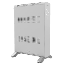 Convection verticale ReadyWarm 7000 blanche. Chauffage convecteur vertical de 2000 W avec deux éléments chauffants, thermostat réglable, minuterie 24 h, contrôle par application et design en verre.