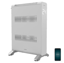 Convection verticale ReadyWarm 7000 blanche. Chauffage convecteur vertical de 2000 W avec deux éléments chauffants, thermostat réglable, minuterie 24 h, contrôle par application et design en verre.