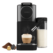 Power Caps 20 Latte Black Cafetera de cápsulas compatible con Nespresso®. Bomba de 20 bares y sistema de leche integrado. Prepara Espresso, Cappuccino, Latte y espuma de leche con un solo toque.