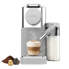 Power Caps 20 Latte White Cafetera de cápsulas compatible con Nespresso®. Bomba 20 bares y sistema de leche integrado. Prepara Espresso, Cappuccino, Latte y espuma de leche con un solo toque.