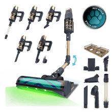 Conga Rockstar RX200 AquaPet Flex Aspirador vertical. 830 W de potencia y 320 AW de potencia de succión. 30 kPa. Cepillo antienredos Hairless XXL. Autonomía de hasta 70 minutos en modo Eco y aspirador de mano. Luz LED verde. Tubo flexible. Cepillo para animales.