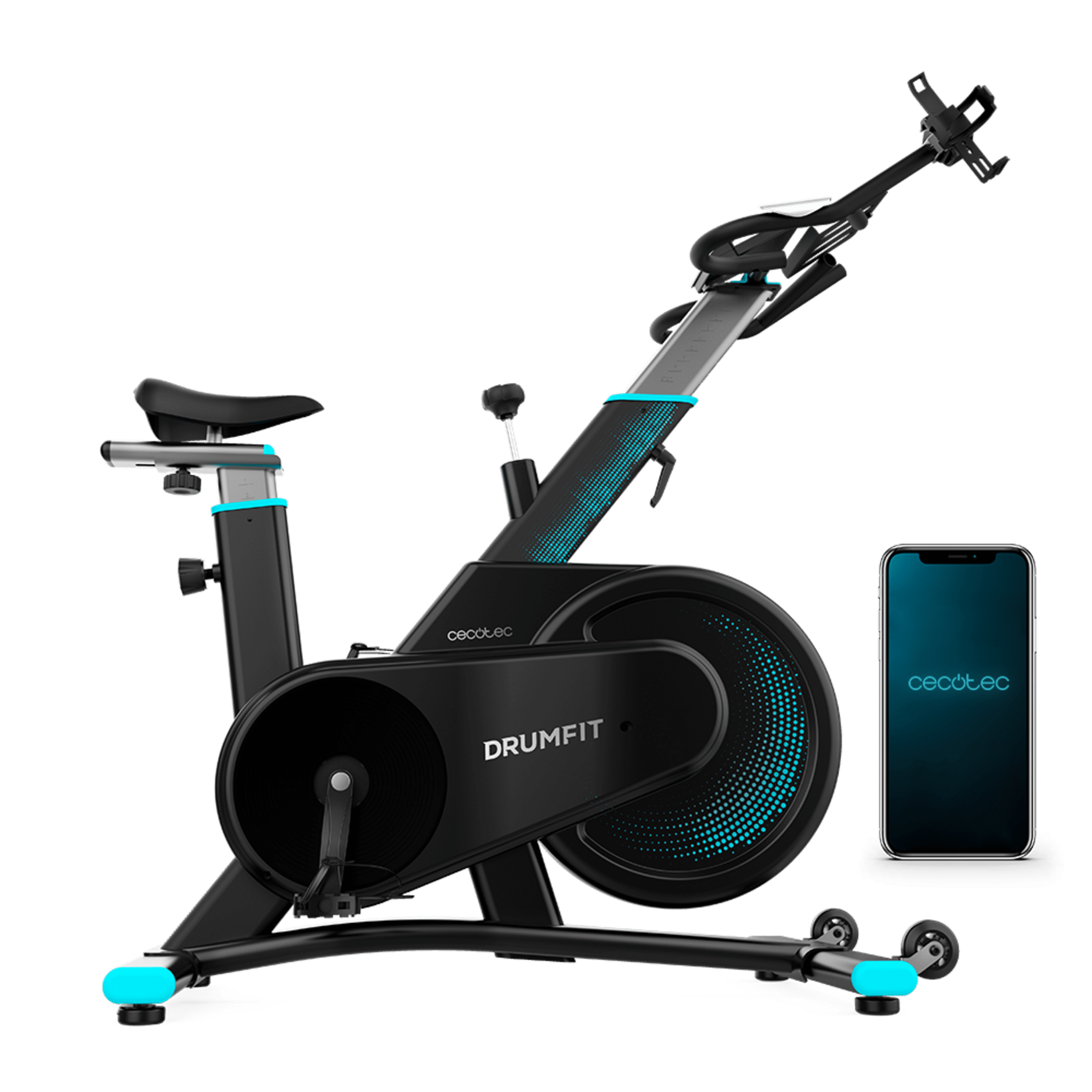 DrumFit Indoor 7000 Magno Connected Indoor-Bike mit magnetischem Widerstand für ein geräuschloses Training, Bluetooth-Konnektivität, kompaktem sportlichem Design, ergonomischem und verstellbarem Sattel und Lenker, LCD-Bildschirm, Tablet-Halterung, Zehenclips und Transporträdern.