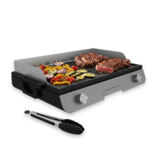 Perfectroast 3000 Inox Max Elektrogrill mit 3000 W Leistung, gemischter Kochfläche mit Antihaftbeschichtung, integriertem Heizelement, abnehmbarer Platte, einstellbarem Thermostat, Fettauffangschale und zwei Kochzonen mit unabhängiger Temperaturregelung.