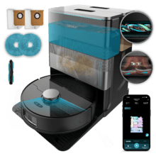 Conga X70 NeoRobot Staubsauger. Conga X70 Spin. 20.000 Pa Saugkraft. 4-in-1-Basisstation. Lasertechnologie und künstliche Intelligenz. Rotierende Wischmopps. Seitenbürste. App-Steuerung sowie Bluetooth- und WLAN-Konnektivität für 2,4-GHz-Netzwerke.