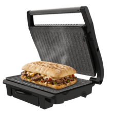 Rock'Ngrill Dark 1000 Pro Parrilla eléctrica de 1000 W con revestimiento RockStone, antiadherente y placa superior flotante.