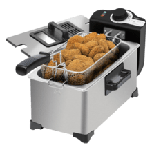 Cleanfry 3 L Full Inox Freidora eléctrica 3 litros de acero inoxidable con filtro OilCleaner que mantiene el aceite limpio. Con 2000 W de potencia y 3 litros de capacidad. Cuerpo, cubeta, tapa y cestillo de acero inoxidable. Tapa con ventana y filtro antiolores. CleanFry 3 L Full Inox.