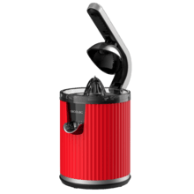 Presse-agrumes électrique rétro Xqueeze RetroJuice 600 rouge pour oranges et agrumes, puissance 600 W, filtre en acier inoxydable, cône en plastique, levier d'extraction de la pulpe et système anti-goutte.