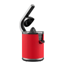 Presse-agrumes électrique rétro Xqueeze RetroJuice 600 rouge pour oranges et agrumes, puissance 600 W, filtre en acier inoxydable, cône en plastique, levier d'extraction de la pulpe et système anti-goutte.